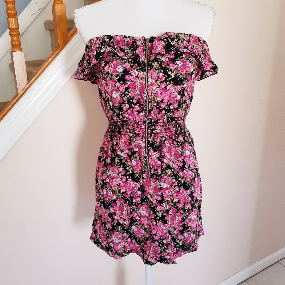 Pink Floral Dress with Exposed Zipper & Ruffle